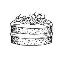 Hand-drawn vector illustration with black outline, in engraving style. Beautiful birthday cake with cream, berries isolated on a white background. Homemade cakes, cooking, sweet foods, dessert.