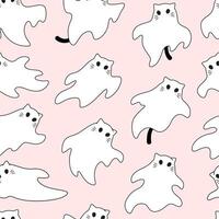 Simple cute cat, kitten ghost characters with tails and whiskers. Seamless vector pattern, background. Halloween spooky drawings.