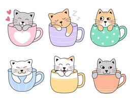 Cute cats, kittens in tea, coffee cups, mugs. Sleeping, hiding, happy, love pets. Set of simple cartoon vector drawings.