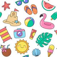 Summer, vacation, holiday, beach accessories and objects seamless pattern. Cartoon drawings and illustrations. Vector background