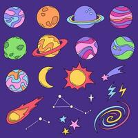 planetas, estrellas y espacio objetos, cósmico vector ilustraciones. conjunto de dibujos animados dibujos, garabatos