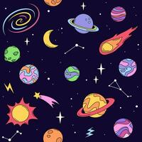 espacio, planetas y estrellas sin costura patrón, antecedentes. dibujos animados dibujos, vector garabatear ilustraciones.