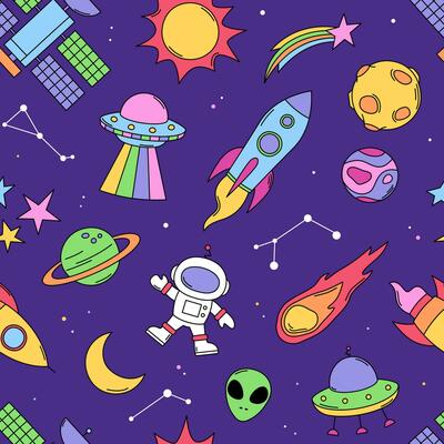 Space, cosmic planets, rockets, ufo seamless pattern, background. Cartoon, comic style vector drawings
