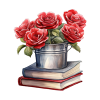 AI generated Bucket of Red Roses on a Stack of Books. AI Generated Image png