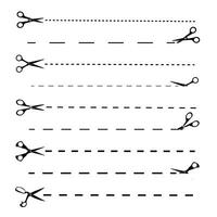 Set of black scissors with cut lines. Scissors cutting. Editable stroke. Vector set of cutting scissors. Paper cut icon with dotted line.