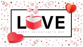 Happy Valentine's day web banner with paper hearts and gift box. vector