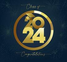 Class of 2024 congratulations graduates trendy style postcard.  Golden medal design. Educational or scientific reward template. Round symbol. Greeting card concept. School banner. vector