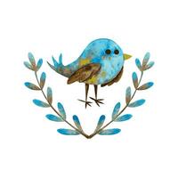 Blue bird surrounded with branches. watercolor design element vector