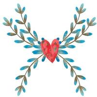 red watercolor heart with blue branches. design element vector