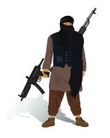 Vector illustration of terrorist with gun on red background