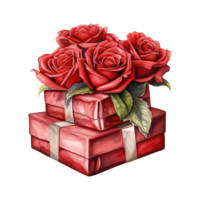 ai generiert rot Rosen auf ein rot Geschenk Box mit ein Bogen. ai generiert Bild png