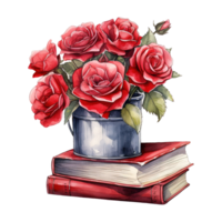 ai gerado balde do vermelho rosas em uma pilha do livros. ai gerado imagem png