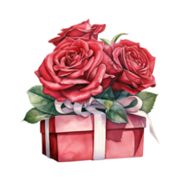 AI generated Red Roses on a Red Gift Box with a Bow. AI Generated Image png