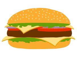 Hamburguesa clásica con chuleta de carne, tomate, cebolla y queso en una ilustración de vector de stock pan aislado sobre fondo blanco.