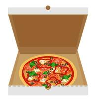 box package for big round pizza with cheese tomato salami olive champignon onion stock vector illustration isolated on white background