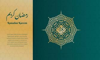 Gold mandala with arabic calligraphy that mean is ramadan kareem in green and gold background design vector