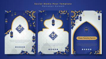 social medios de comunicación enviar modelo en retrato púrpura blanco fondo, mandala ornamento antecedentes con estrella y linterna, Arábica texto media es Ramadán Kareem, bueno modelo para Ramadán kareem diseño vector