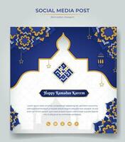 Banner template in purple white islamic background with hand drawn, arabic text mean is ramadan kareem in kufi style design for ramadan advertisement vector