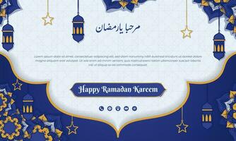 Background template with mandala ornament, and lantern design, purple white islamic background in hand drawn concept, arabic text mean is welcome ramadan vector