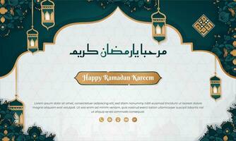 Ramadán antecedentes en verde blanco y oro diseño con mano dibujado antecedentes estilo y Arábica texto media es Bienvenido Ramadán kareem para Ramadán rebaja publicidad diseño vector