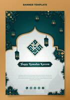 Portrait background in green white and gold design with ornamental hand drawn style and lantern design for ramadan sale advertisement template vector