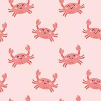 Seamless pattern with cute cartoon crab character on a pink background. Childish sea animals design for fabric, textile, paper. Vector illustration