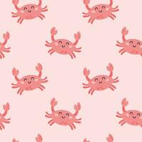 Seamless pattern with cute cartoon crab character on a pink background. Childish sea animals design for fabric, textile, paper. Vector illustration