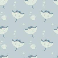 Seamless pattern with cute cartoon stingray character on a blue background. Childish sea animals design for fabric, textile, paper. Vector illustration
