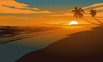 Vector beach landscape illustration. Tropical sunset scenery