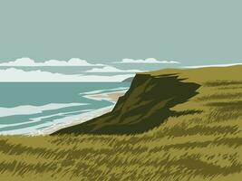 Beautiful beach at sunny day with grass and cliff vector