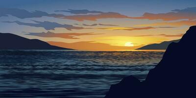 sunset at lake with hills and rocks vector