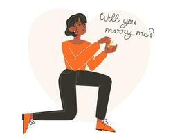 A woman gets down on one knee and marriage proposals vector