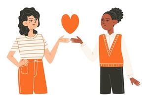 Two women stand side by side on Valentine's Day vector