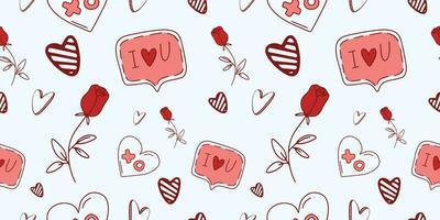 Seamless pattern for Valentine's Day with heart and love elements on a white background. Vector doodle theme set, romance for cards, banners, flyers, invitation, blog, wrapping paper, prints.