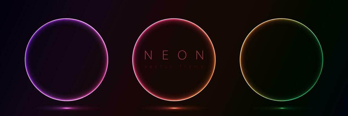 Set of glowing neon color circles round curve shape with wavy dynamic lines isolated on black background technology concept. Circular light frame border for badges, price tag, label cards, logo design