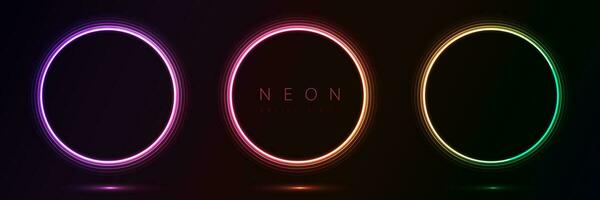 Set of glowing neon color circles round curve shape with wavy dynamic lines isolated on black background technology concept. Circular light frame border for badges, price tag, label cards, logo design vector