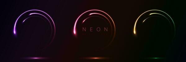 Set of glowing neon color circles round curve shape with wavy dynamic lines isolated on black background technology concept. Circular light frame border for badges, price tag, label cards, logo design vector