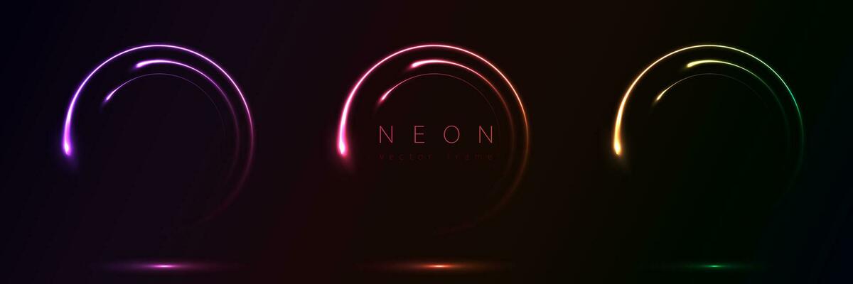 Set of glowing neon color circles round curve shape with wavy dynamic lines isolated on black background technology concept. Circular light frame border for badges, price tag, label cards, logo design