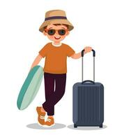 Cute little boy in hat and sunglasses going for traveling holding inflatable ring on summer vacation vector