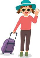 Cute little girl wear hat and sunglasses pulling suitcase and waving hand going for traveling on summer vacation vector