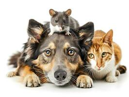 AI generated Friendship of pet mouse, cat and dog. Concept of national pet day. photo