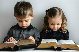 ai generado linda pequeño chico y niña leyendo santo Biblia libro. foto