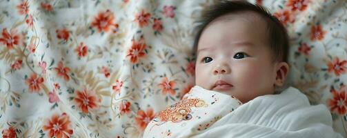 ai generado dormido asiático bebé en el cama foto