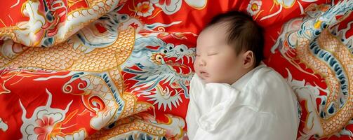 AI generated Sleeping Asian baby on bed. Chinese new year concept. photo