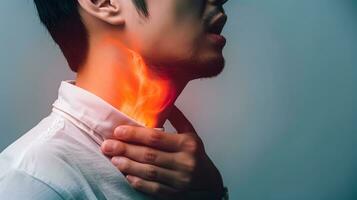 ai generado fuego a cuello de un hombre. concepto de dolorido garganta, faringitis, laringitis, tiroiditis, asfixia foto