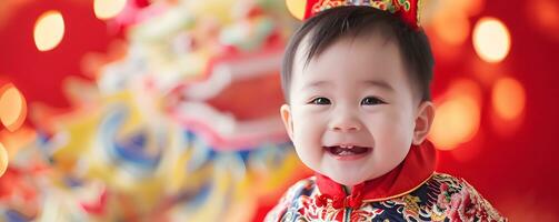 ai generado linda asiático bebé en chino tradicional vestido. contento chino nuevo año concepto. foto