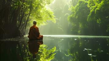 ai generado budista monje en meditación junto a un lago en el selva foto