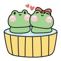 Cute couple frog stay in bath together.Onsen time.Shower.Valentines day.Reptile animal character cartoon design.Kawaii.Vector.Illustration. vector