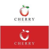 Fresh cherry fruit logo with minimalist leaf line art style. for fruit shop, cherry farm, cake, business, vector