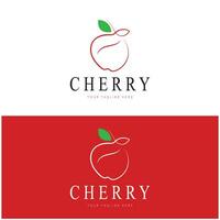 Fresh cherry fruit logo with minimalist leaf line art style. for fruit shop, cherry farm, cake, business, vector